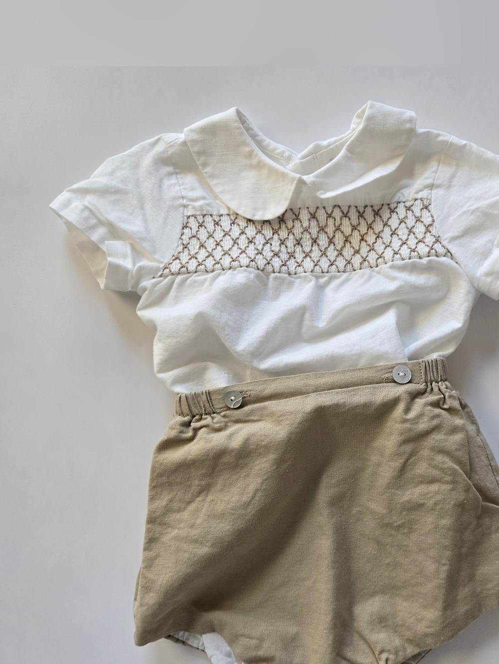Classic White Peter Pan Collar Kids Top with Smocking And Shorts Set 9m